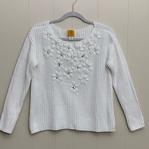 Ruby Rd. Embroidered Rhinestone Off  White Knit Sweater